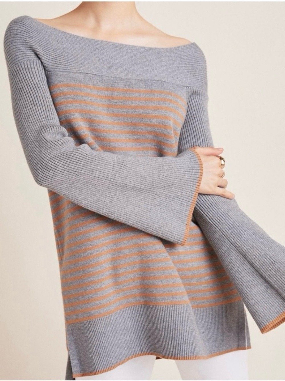 Anthropologie Elise Ribbed Tunic Sweater Size XS Grey Stripes Bell Sleeves